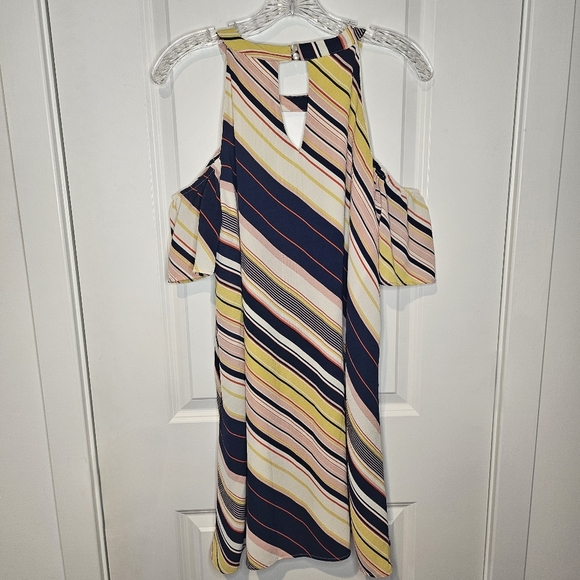 Lily Rose Blue Pink Butter Yellow Striped Cold Shoulder Keyhole 70s Dress Size L - Picture 4 of 11